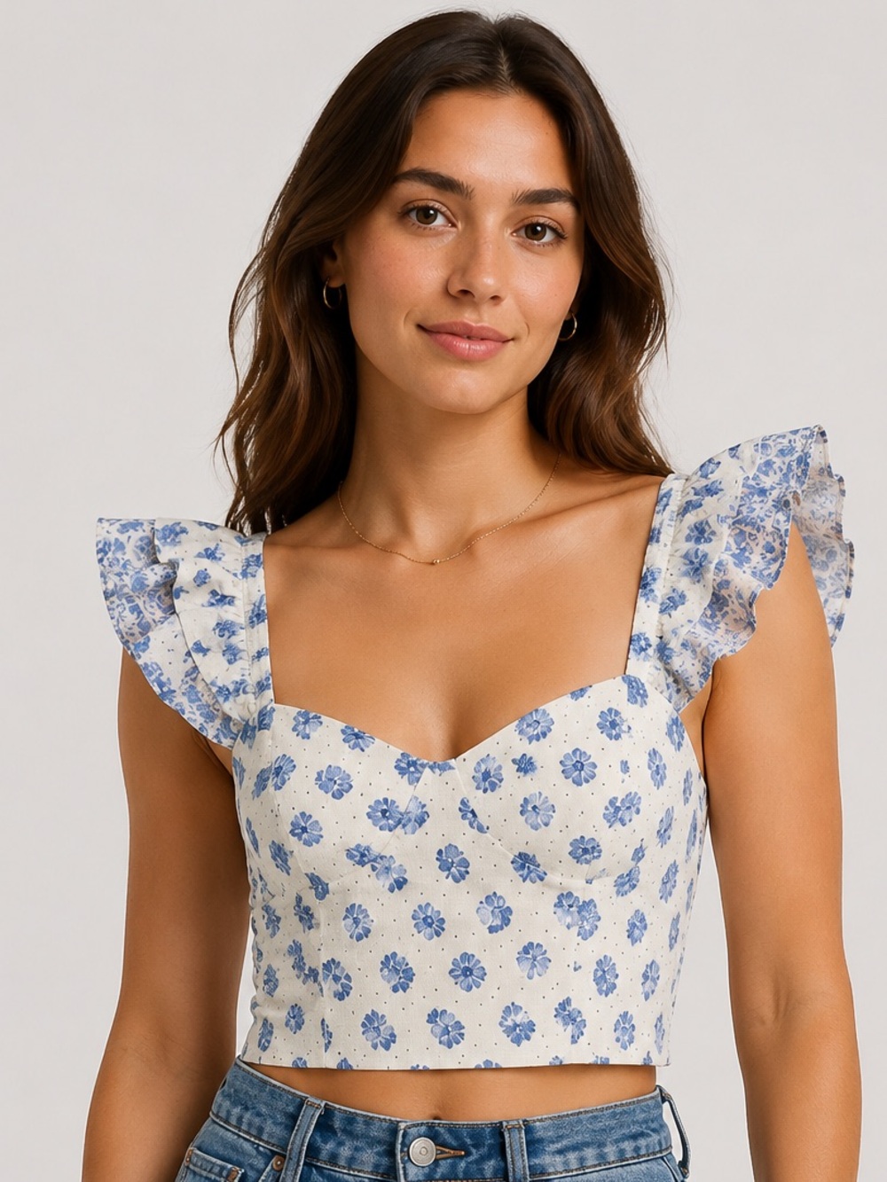 Blue Floral Ruffle Strap Crop Top -